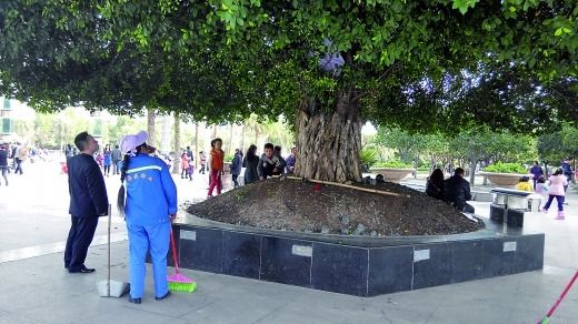 物管人員打算拆除小帳篷（白圈），小孩在一旁依依不舍