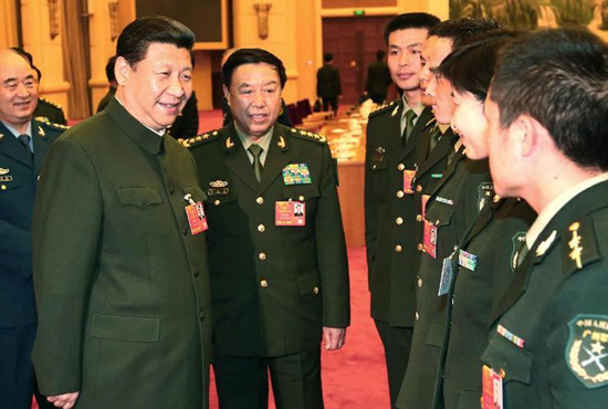 中共中央總書記、中共中央軍委主席習近平出席十二屆全國人大一次會議解放軍代表團全體會議并發(fā)表重要講話。