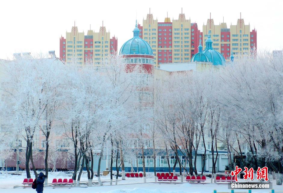12月10日,受降溫天氣影響,黑河市黑龍江江畔出現綿延數公里的霧凇景觀。