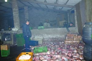  警方現(xiàn)場查獲的大量病死豬肉及“問題”腌臘制品。 沙區(qū)警方供圖