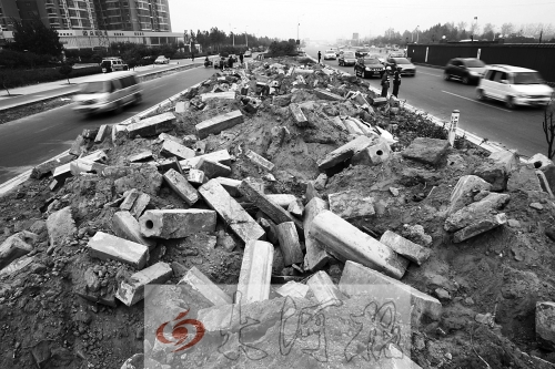 中州大道部分路段，綠化帶成了垃圾場。