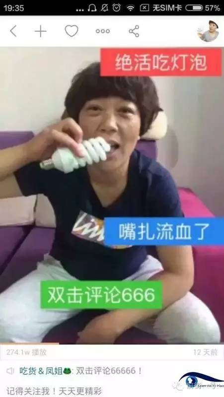 “吃貨鳳姐”直播吃燈泡。