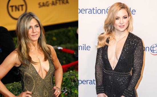 Jennifer Aniston & Kate Hudson出席重要場(chǎng)合也穿低胸裝。（圖片來(lái)源：臺(tái)灣東森新聞云）