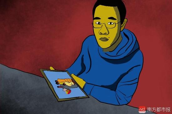 王煥凱看著一家人幸福的合照，黯然神傷，悔不當(dāng)初。（畫作者：吳斌）