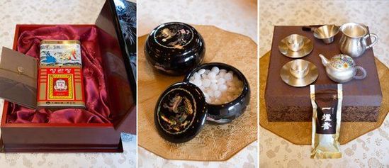　當(dāng)?shù)貢r間2014年7月4日，韓國總統(tǒng)樸槿惠向中國國家主席習(xí)近平贈送的紅參和茶具等。