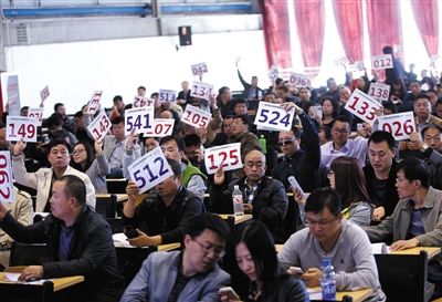 競拍者正在練習舉牌動作，以便拍賣時讓工作人員看清號牌。