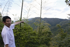 村民吳學(xué)田告訴記者，對(duì)面兩座山就是潘建友承包的部分山場(chǎng) 見習(xí)記者 邱一文 攝