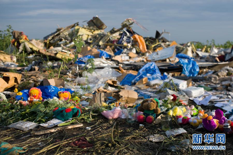 7月19日,在烏克蘭頓涅茨克州拉瑟普諾耶村附近,人們將玩具擺放在馬航MH17航班墜機(jī)現(xiàn)場。