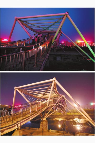 花園路西側(cè)東風(fēng)渠景觀橋，上圖攝于7月31日晚間，下圖攝于10月9日晚間。