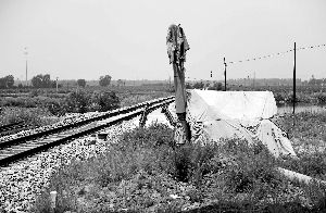 6月30日， 農(nóng)戶用搭建的窩棚和電線桿阻擋了鐵路的施工。新華社發(fā)