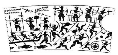 衛(wèi)輝市山彪鎮(zhèn)發(fā)掘出的戰(zhàn)國(guó)水陸攻戰(zhàn)紋銅鑒，上面有古人乘舟水戰(zhàn)的場(chǎng)面。