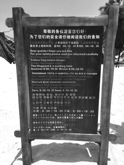 大東海海灘上用多國(guó)語(yǔ)言設(shè)立的安全告示。